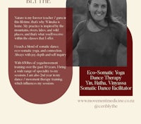 a flyer for a yoga class with a woman in a red dress