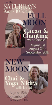 a flyer for a full moon yoga class with two women
