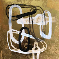 a painting with black and white lines on a gold background