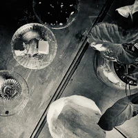 a black and white photo of a table with vases and a plant